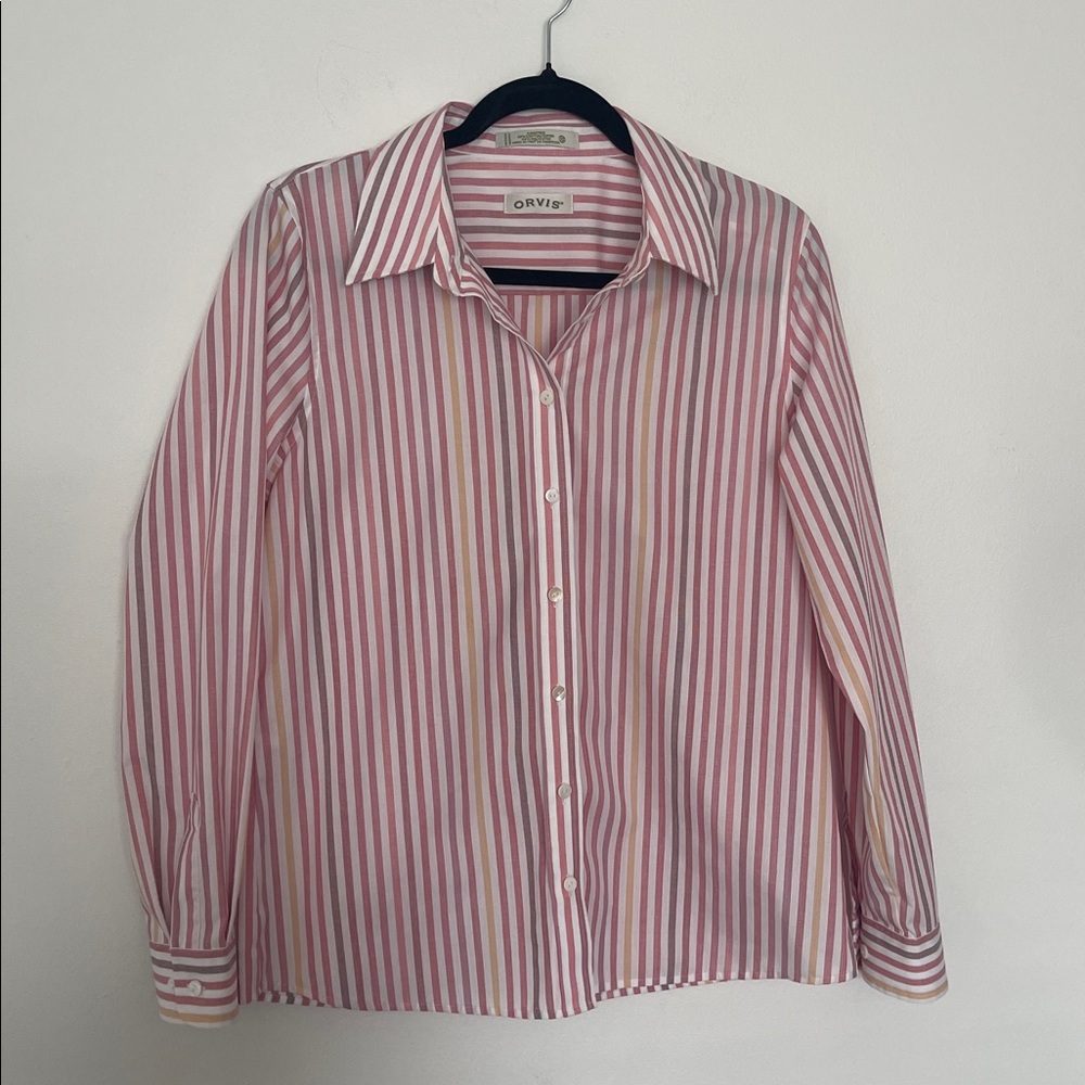 Orvis Ladies Striped  Button Down Shirt Carefree Cotton Blend Size 10